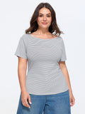 Scallop Boat Neck Striped-Print T-Shirt