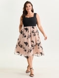 Butterfly Embroidery Color Block Flowy Midi Dress