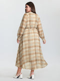Grid Pattern Waist-Tie Flowy Midi Dress