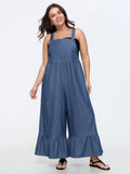 Overall Straps Ruffled Hem Pockets  Faux Denim Jumpsuit