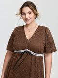 Lace Ruffled Sleeve Waist-Tie Knee-Length Dress