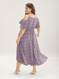 Ditsy Floral Pocket Wrap Cold Shoulder Ruffle Dress