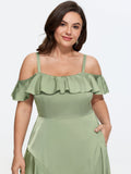 Satin Off-Shoulder Wrap Hem Maxi Dress