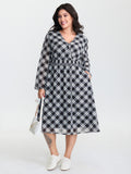 Checkered Pattern Shirred Waist Midi Dress