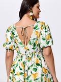Supersoft Lemon Print Shirred Waist Mini Dress