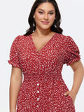 Micro Floral Print Button Split Hem Midi Dress
