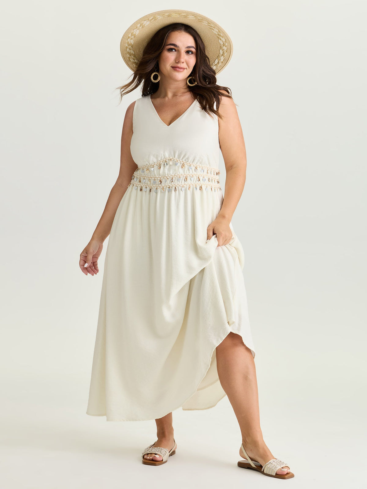 Tassels Cinched-Waist V-Neck Maxi Dress