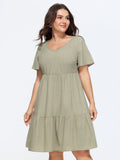 Cotton V-Neck Tiered Plain Mini Dress