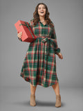 Plaid Button Detail Pocket Belted Arc Hem Dress
