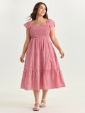 Cotton Gingham Print Shirred Bodice Midi Dress