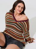 Multi-Color Stripe Hollow V-Neck Pullover
