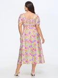 Supersoft Floral Print Pleated Bodice Square Neckline Midi Dress