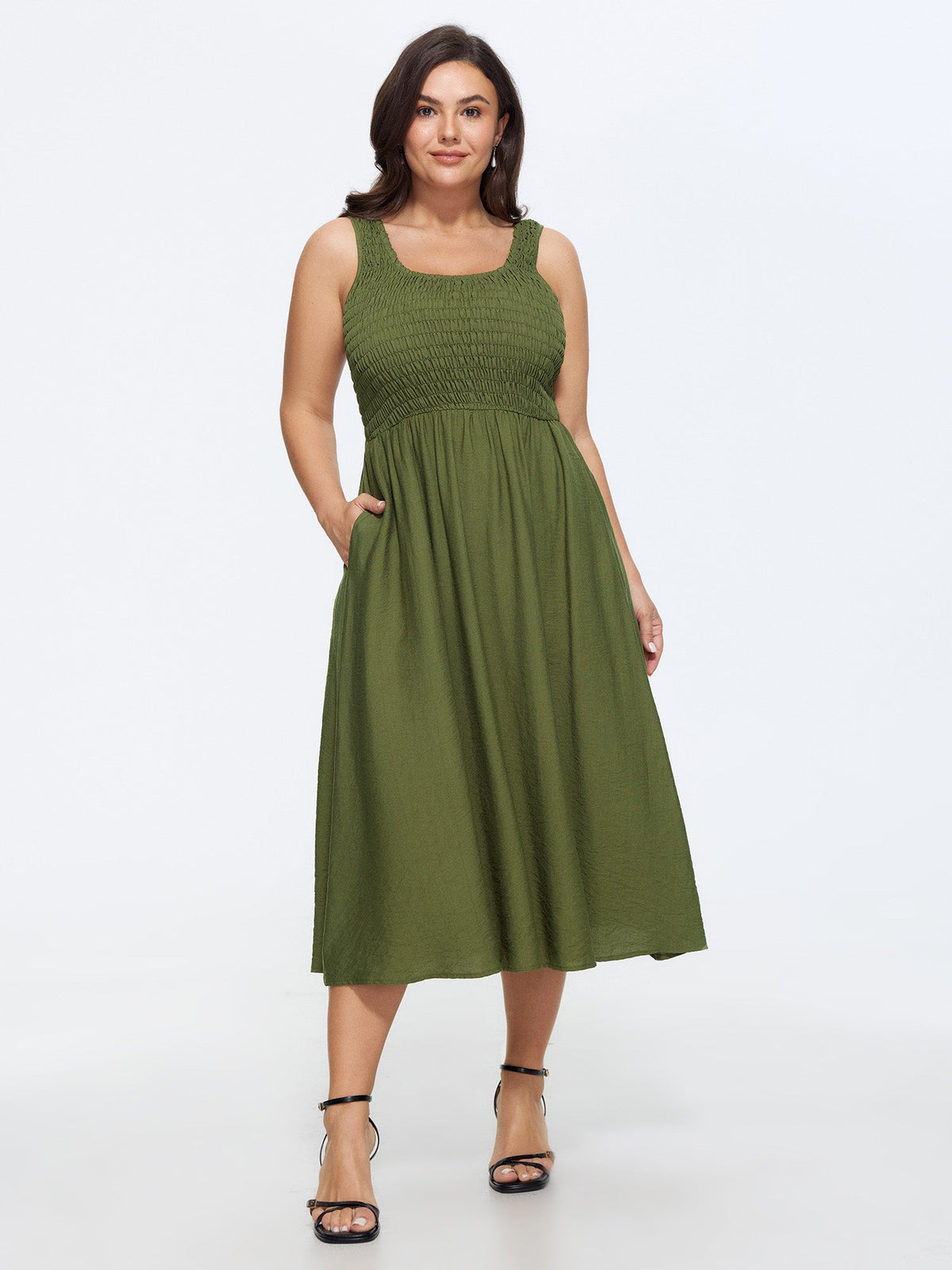 Shirred Round Neck Pockets Midi Dress