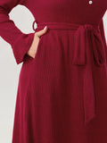 Textured Belted Waist Button Midi Dress