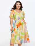 Supersoft Colorful Abstract Print Bubble Sleeve Midi Dress