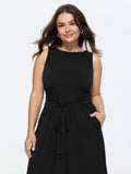 Stretchy Sleeveless Tie Waist Pocket Midi Dress