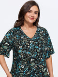 Ditsy Floral Pleated Flared Sleeve Blouse