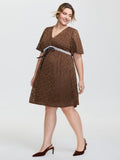 Lace Ruffled Sleeve Waist-Tie Knee-Length Dress