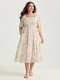 Sweet Floral Print Shirred Square Neckline Midi Dress