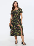 Tropical Floral Print Split Hem Midi Dress