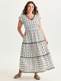 Geometric Print Lace Trim Tiered Maxi Dress