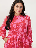 Floral Print Pleated Waist Mock Neck Mini Dress
