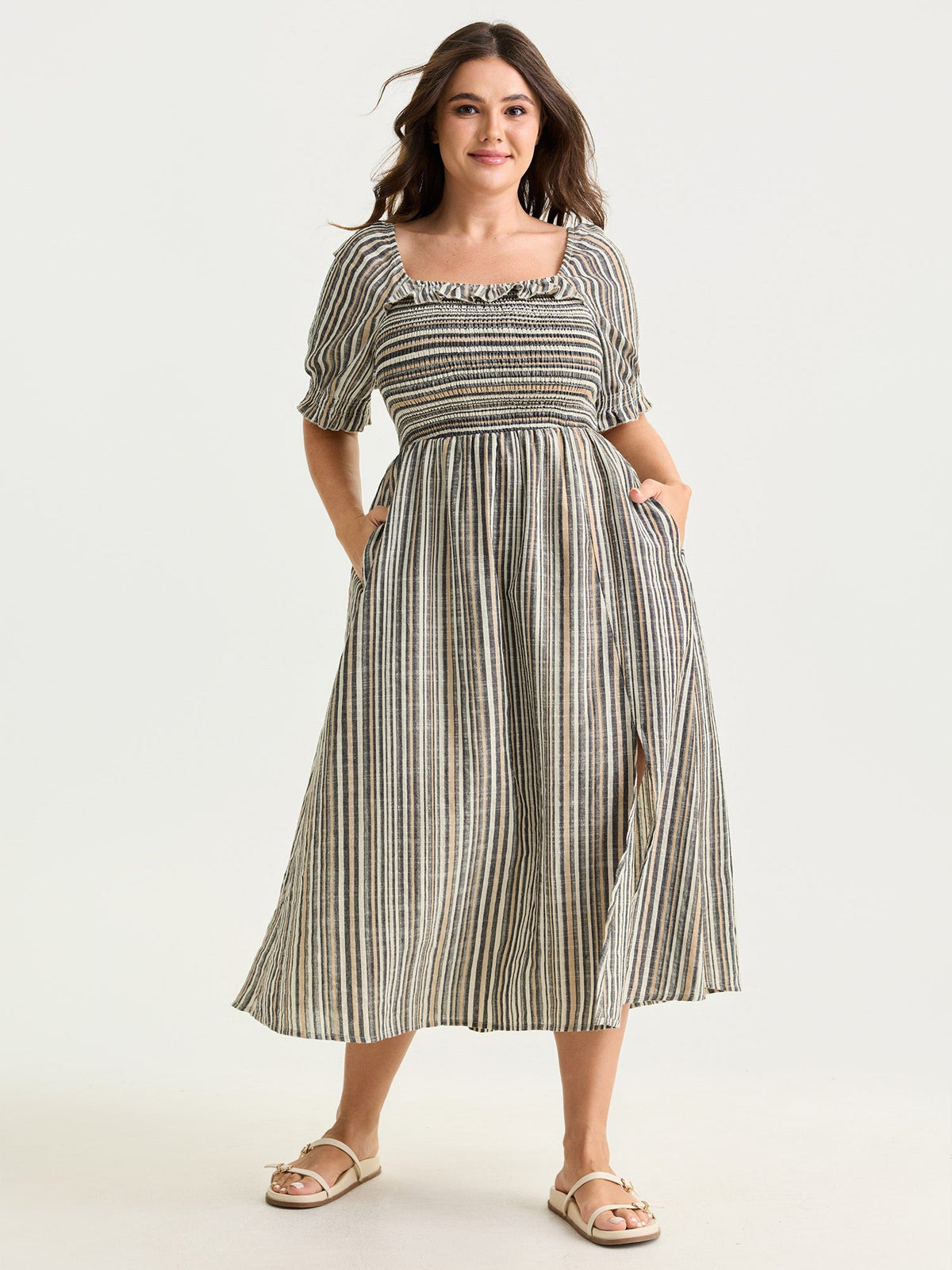 Striped Ruffled Neckline Puff Sleeve Midi Dress