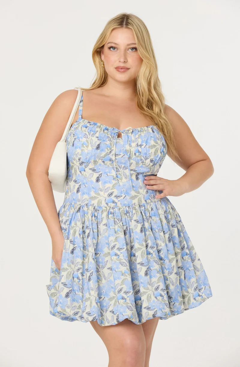 Larissa Blue Floral Spaghetti Strap Bubble Hem Mini Dress