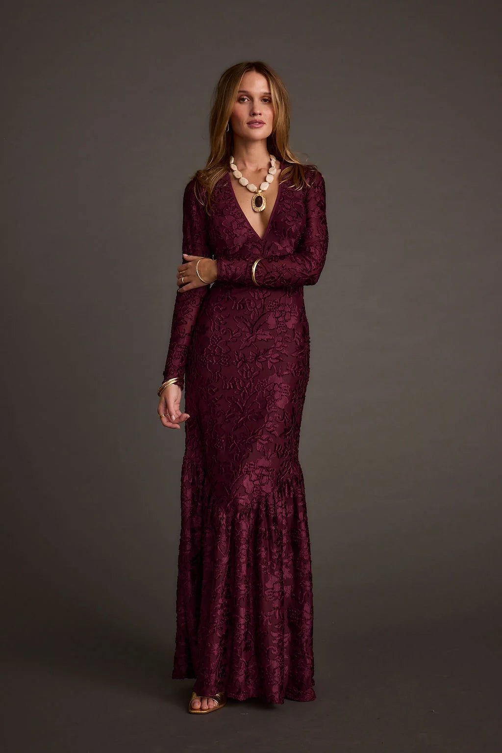 Angela Mulberry Velvet Burnout Long Sleeve Maxi Dress