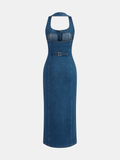 Denim Halter Button Front Maxi Dress