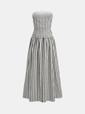 Striped Strapless Cotton Linen Ruched Dress