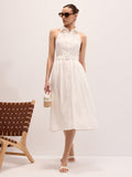 Cotton Embroidered Belted Halter Maxi Dress