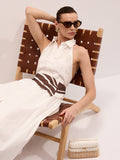Cotton Embroidered Belted Halter Maxi Dress