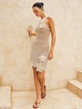 Crochet Flower Applique Sleeveless Mini Dress