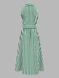 Striped Sleeveless Cotton Belted Midi Dress