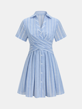 Striped Cotton Linen Short Sleeve Shirt Dress