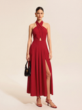 Halter Slit Cotton Linen Maxi Dress