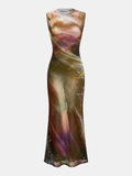 Abstract Watercolor Print Mesh Maxi Dress