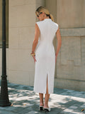 Sleeveless Buckle Detail Mandarin Collar Maxi Dress