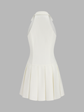 Metal Button Lapel Pleated Mini Dress