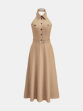 Collared Halter Backless Belted Maxi Dress