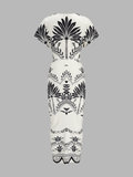 Palm Leaf Print Deep V Neck Maxi Dress