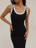 3D Floral Neckline Bodycon Midi Dress