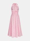 Polka Dot Halter Ruched Midi Dress