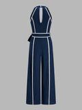Contrast Trim Belted Cotton Linen Jumpsuit