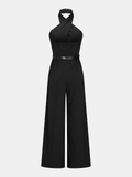 Cross Halter Belted Wide Leg Jumpsuit