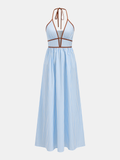 Deep V Neck Halter Striped Midi Dress