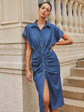 Metal Button Ruched Shirt Dress