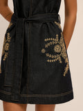Embroidered Denim Belted Shift Dress