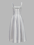 Lace Trim Square Neck Striped Midi Dress